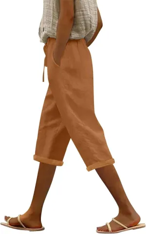 Women's Linen Capri Summer Solid Color Causal Bermuda Elastic Waist Petite Pants Workout Lounge Beach Leisure Shorts