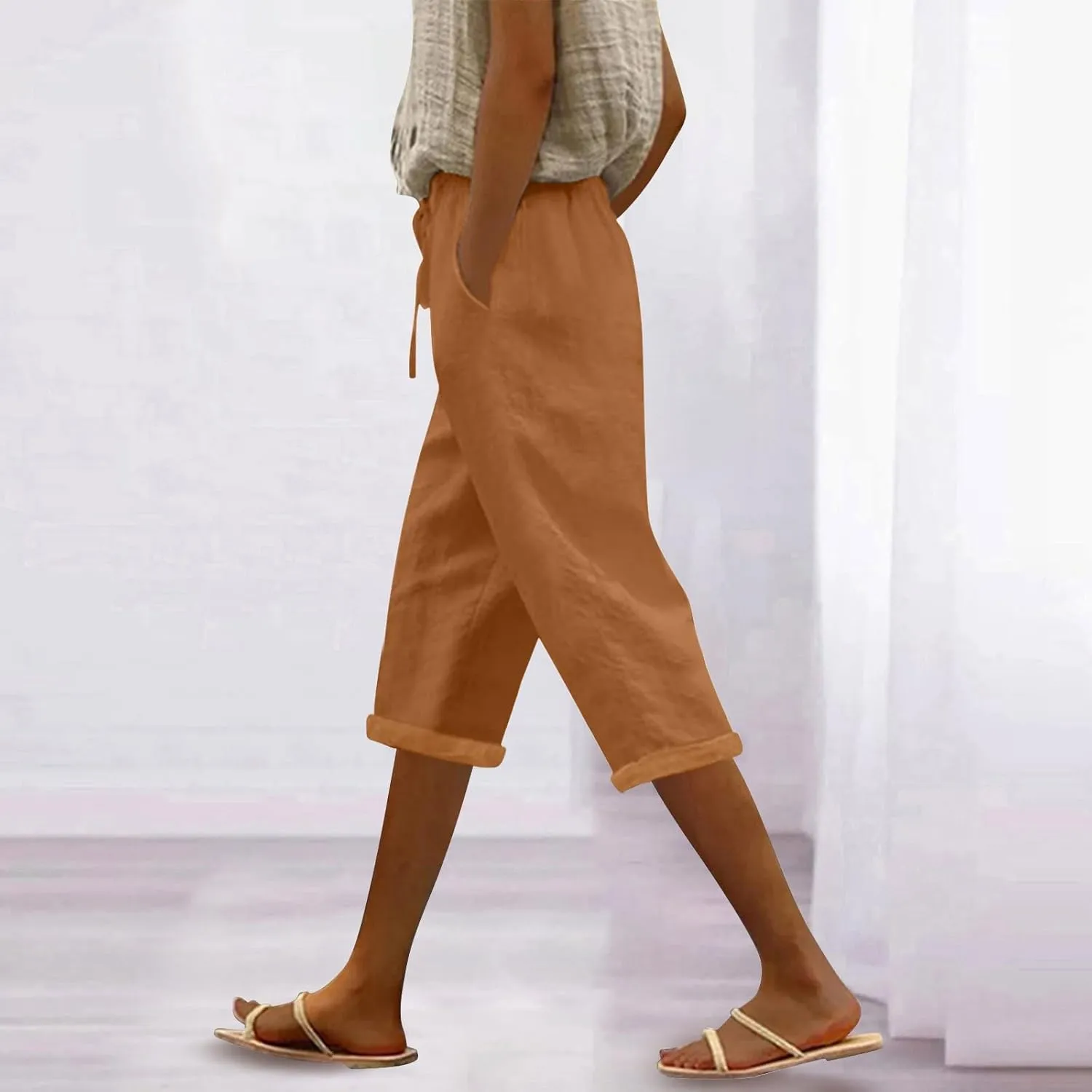 Women's Linen Capri Summer Solid Color Causal Bermuda Elastic Waist Petite Pants Workout Lounge Beach Leisure Shorts