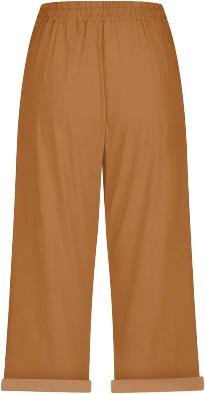 Women's Linen Capri Summer Solid Color Causal Bermuda Elastic Waist Petite Pants Workout Lounge Beach Leisure Shorts