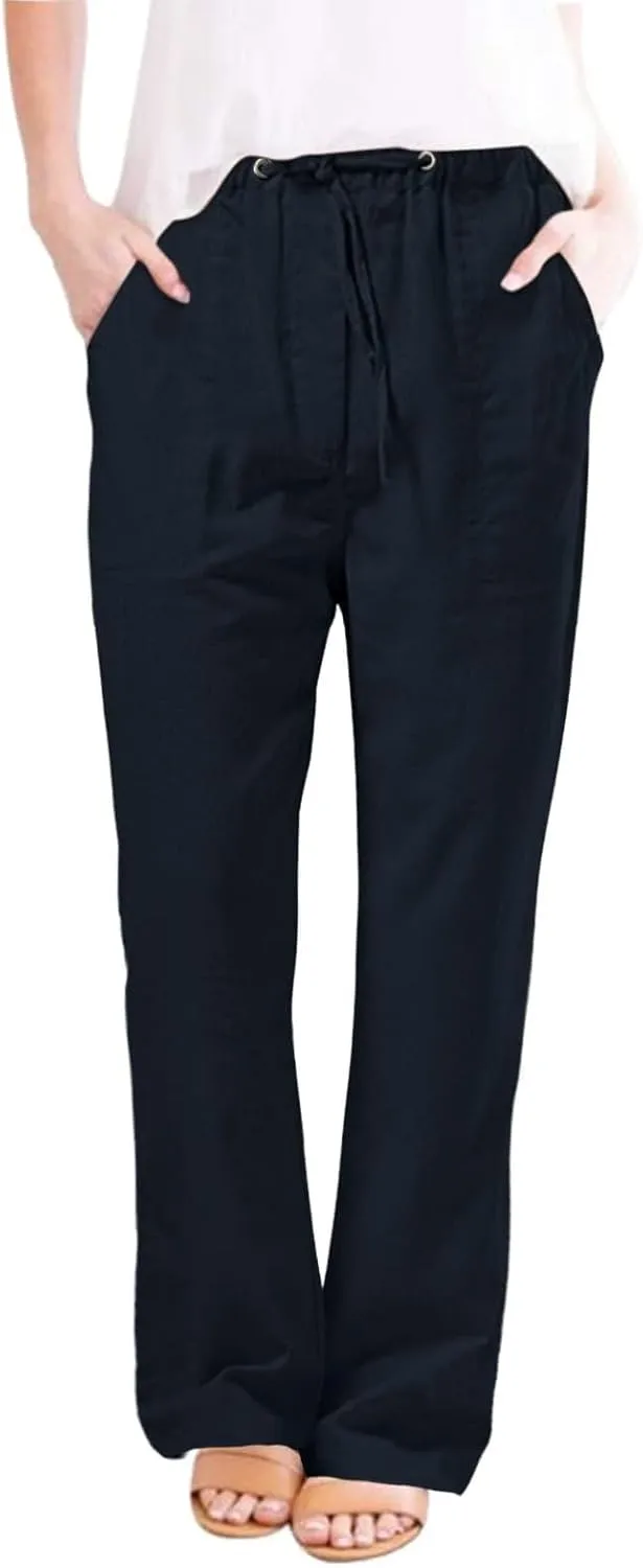 Womens Linen Cargo Pants Summer Elastic High Waist Pant Drawstring Harem Lounge Pant Plus Size Trousers with Pockets