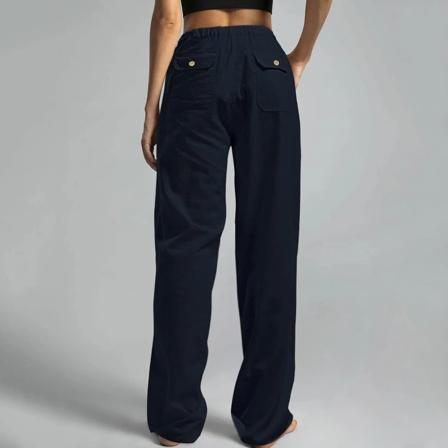 Womens Linen Cargo Pants Summer Elastic High Waist Pant Drawstring Harem Lounge Pant Plus Size Trousers with Pockets