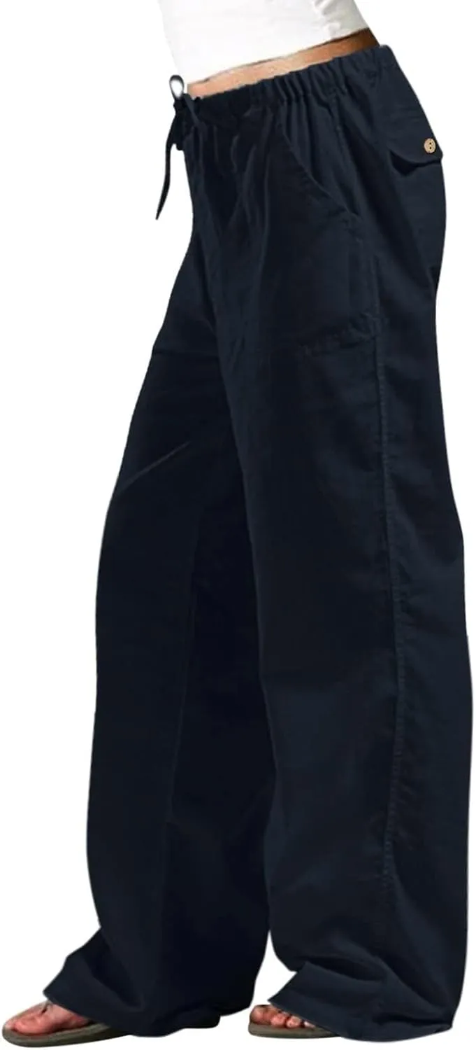 Womens Linen Cargo Pants Summer Elastic High Waist Pant Drawstring Harem Lounge Pant Plus Size Trousers with Pockets
