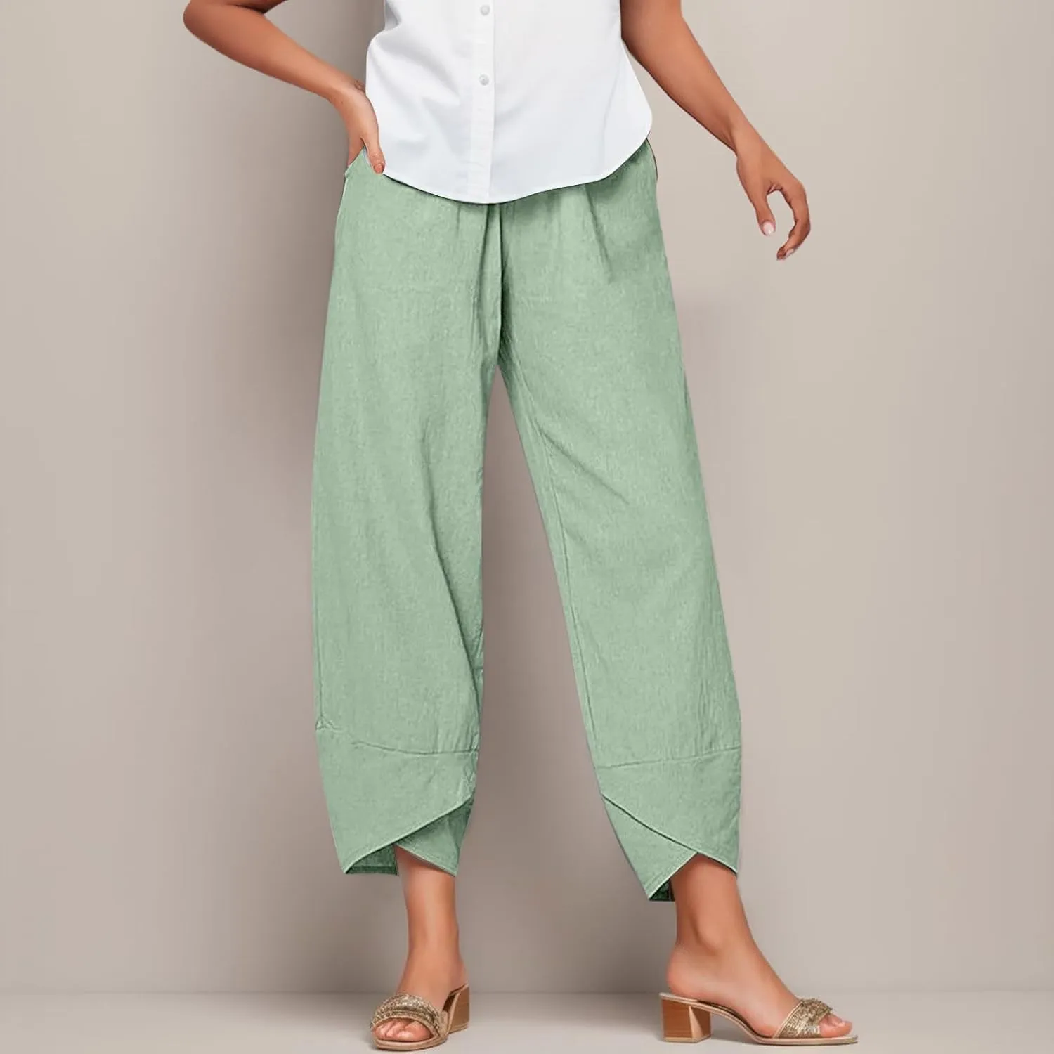 Womens Linen Cotton Pants Summer Elastic High Waist Straight Leg Casual Loose Solid Color Pants Comfy Straight Leg Trousers
