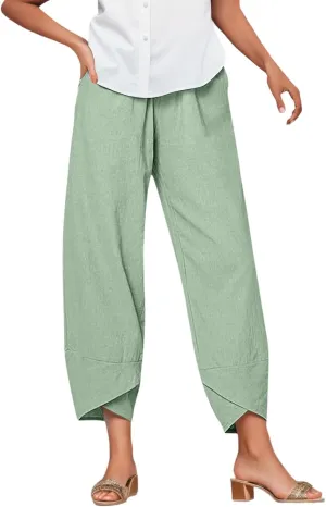 Womens Linen Cotton Pants Summer Elastic High Waist Straight Leg Casual Loose Solid Color Pants Comfy Straight Leg Trousers