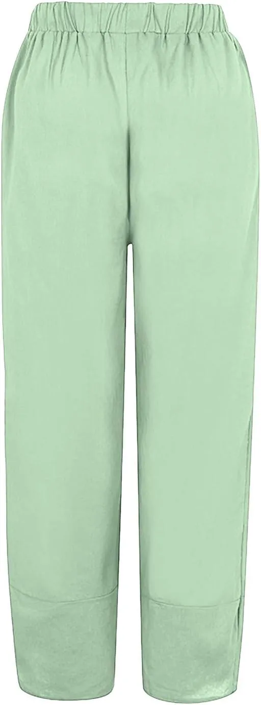 Womens Linen Cotton Pants Summer Elastic High Waist Straight Leg Casual Loose Solid Color Pants Comfy Straight Leg Trousers