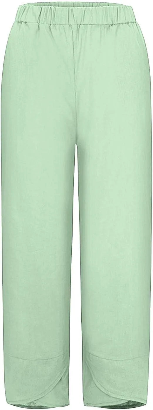 Womens Linen Cotton Pants Summer Elastic High Waist Straight Leg Casual Loose Solid Color Pants Comfy Straight Leg Trousers