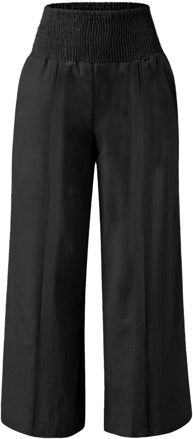Womens Linen Palazzo Pants Elastic Waist Wide Leg Trousers with Pockets Summer Vacation Lounge Beach Clothes