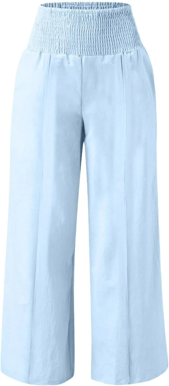 Womens Linen Palazzo Pants Elastic Waist Wide Leg Trousers with Pockets Summer Vacation Lounge Beach Clothes