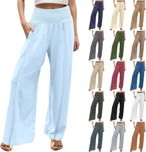 Womens Linen Palazzo Pants Elastic Waist Wide Leg Trousers with Pockets Summer Vacation Lounge Beach Clothes