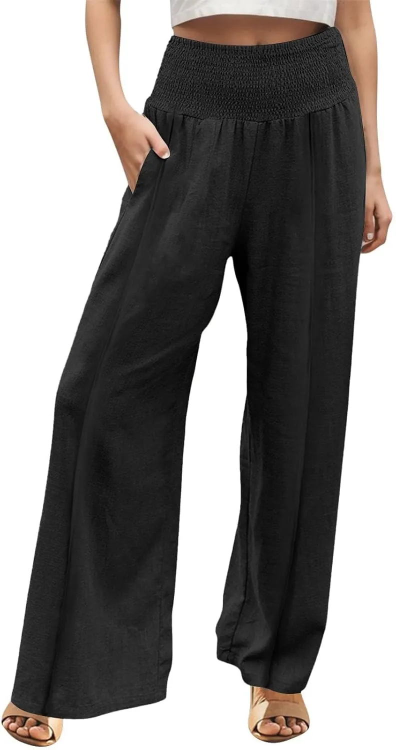 Womens Linen Palazzo Pants Elastic Waist Wide Leg Trousers with Pockets Summer Vacation Lounge Beach Clothes