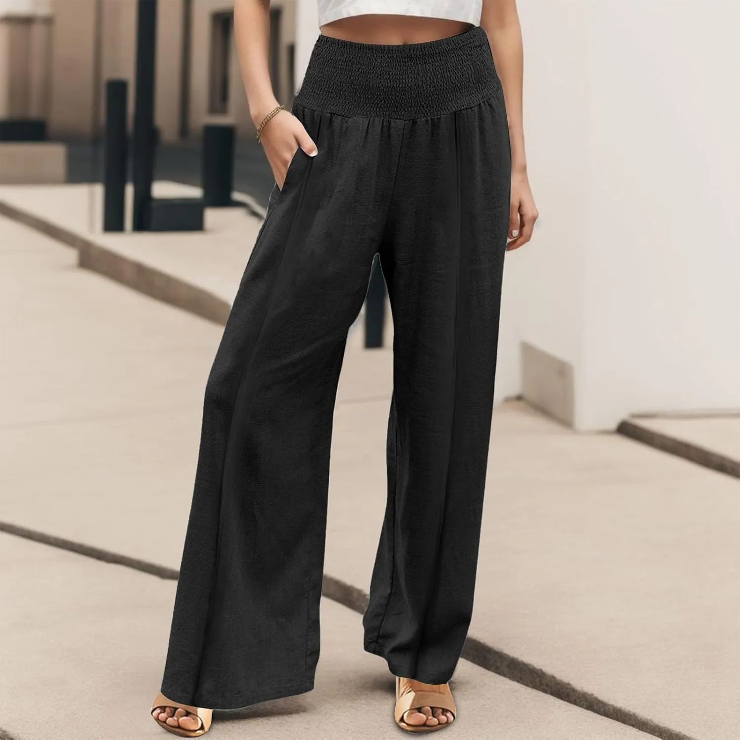 Womens Linen Palazzo Pants Elastic Waist Wide Leg Trousers with Pockets Summer Vacation Lounge Beach Clothes