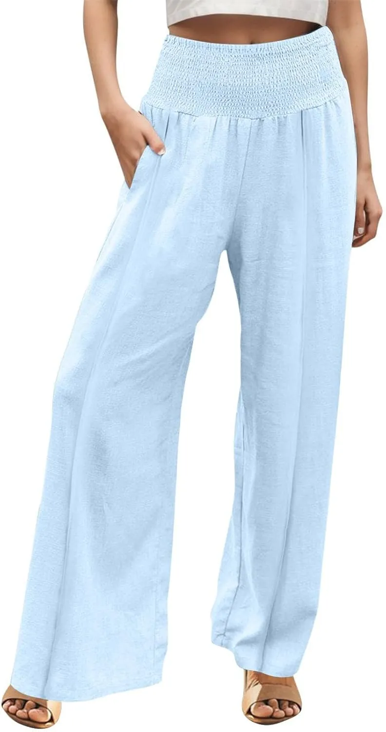 Womens Linen Palazzo Pants Elastic Waist Wide Leg Trousers with Pockets Summer Vacation Lounge Beach Clothes