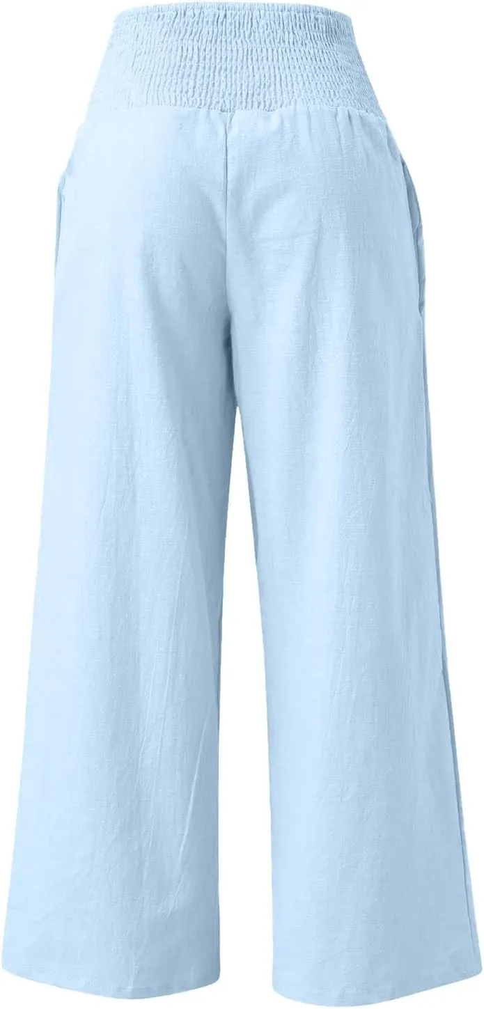 Womens Linen Palazzo Pants Elastic Waist Wide Leg Trousers with Pockets Summer Vacation Lounge Beach Clothes