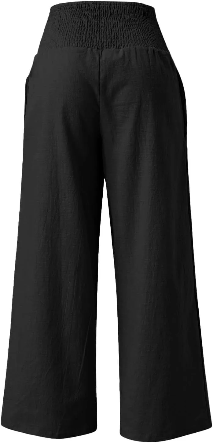 Womens Linen Palazzo Pants Elastic Waist Wide Leg Trousers with Pockets Summer Vacation Lounge Beach Clothes