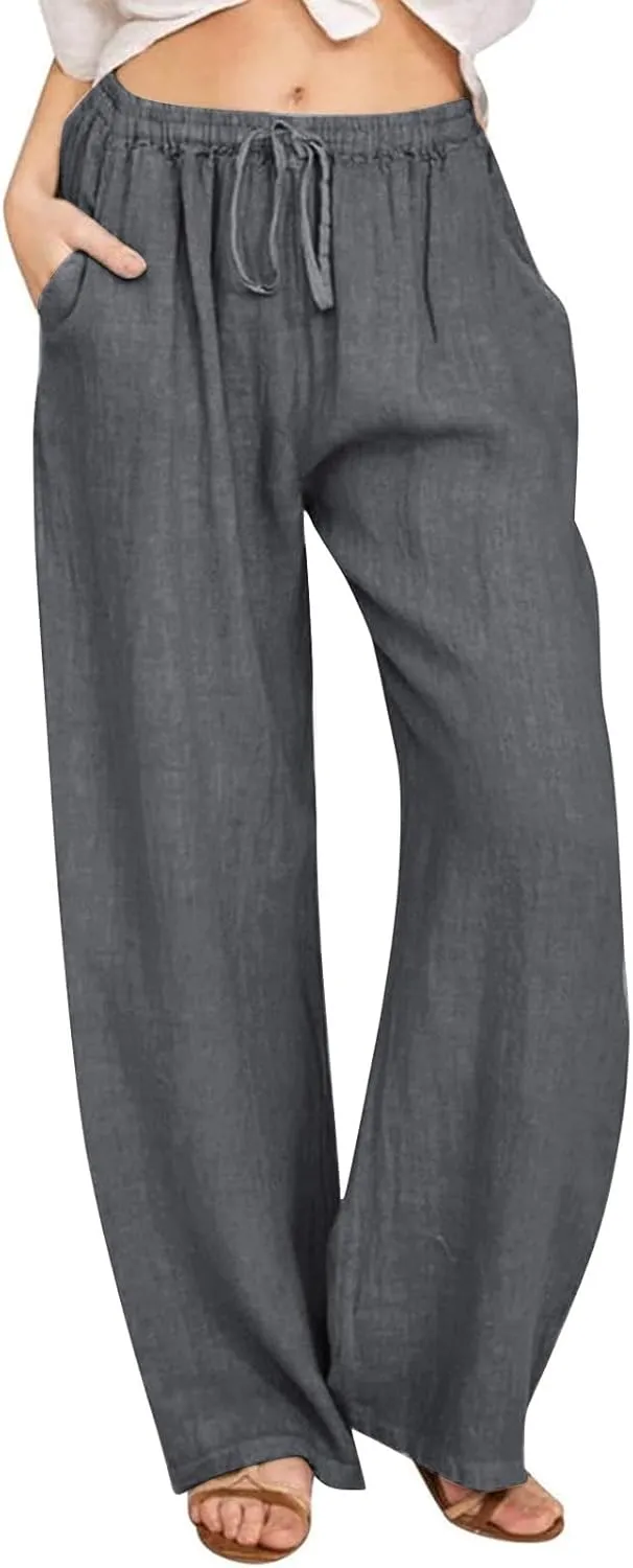 Womens Linen Pants Casual 2025 Summer High Waisted Drawstring Lounge Trouser Beach Straight Wide Leg Palazzo Jogger