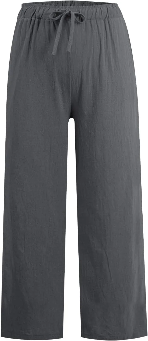 Womens Linen Pants Casual 2025 Summer High Waisted Drawstring Lounge Trouser Beach Straight Wide Leg Palazzo Jogger