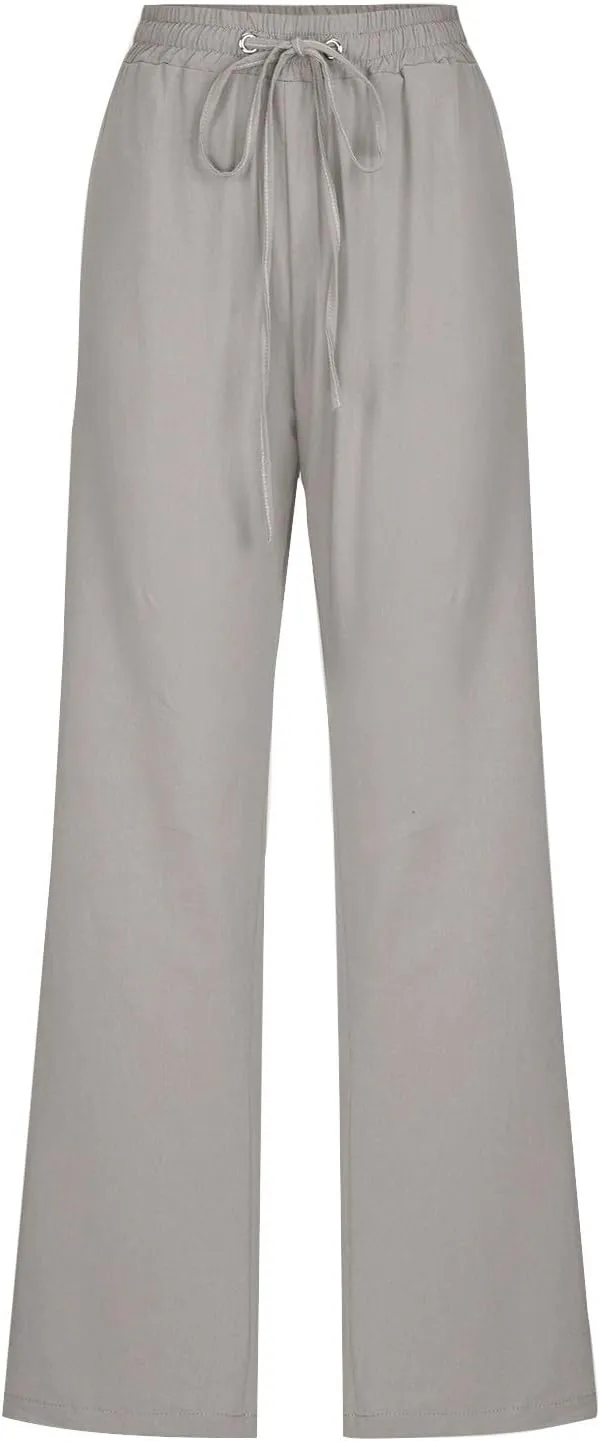 Womens Linen Pants Casual 2025 Summer High Waisted Drawstring Lounge Trousers Beach Straight Wide Leg Joggers Pants