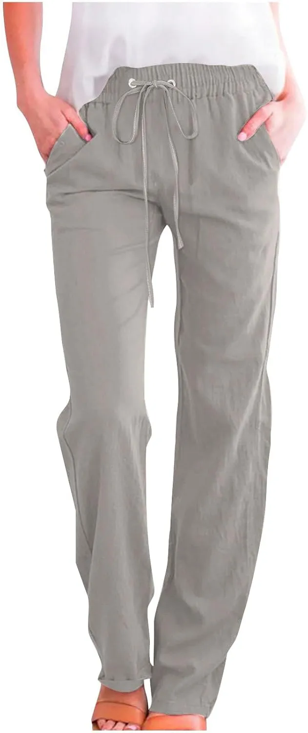Womens Linen Pants Casual 2025 Summer High Waisted Drawstring Lounge Trousers Beach Straight Wide Leg Joggers Pants