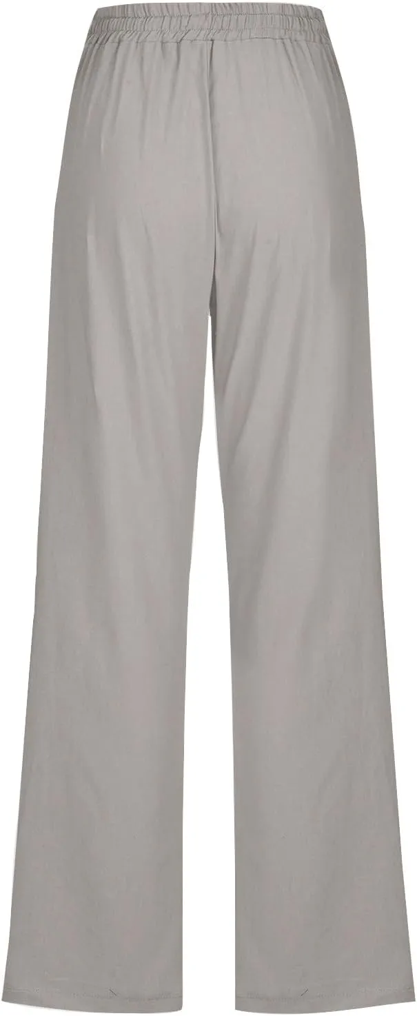 Womens Linen Pants Casual 2025 Summer High Waisted Drawstring Lounge Trousers Beach Straight Wide Leg Joggers Pants