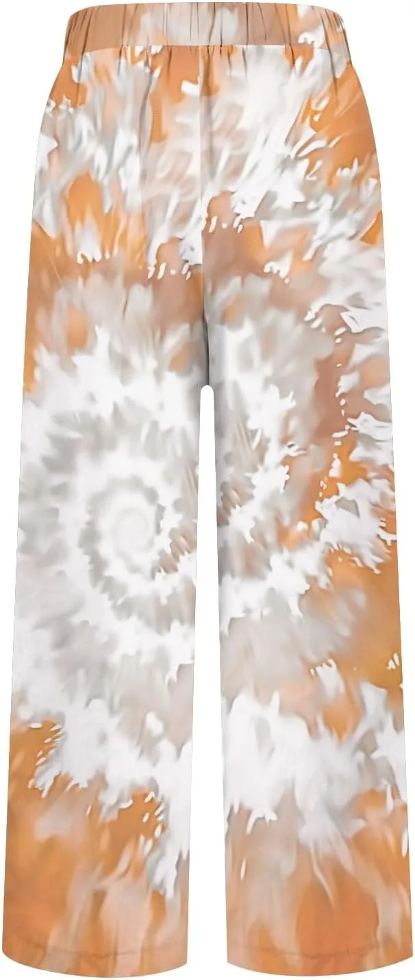 Women's Linen Pants Casual Boho Floral Elastic High Waisted Wide Leg Plus Size Trousers Summer Trendy Beach Pants