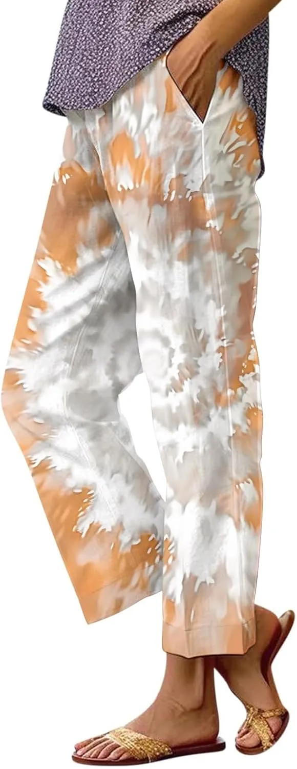 Women's Linen Pants Casual Boho Floral Elastic High Waisted Wide Leg Plus Size Trousers Summer Trendy Beach Pants