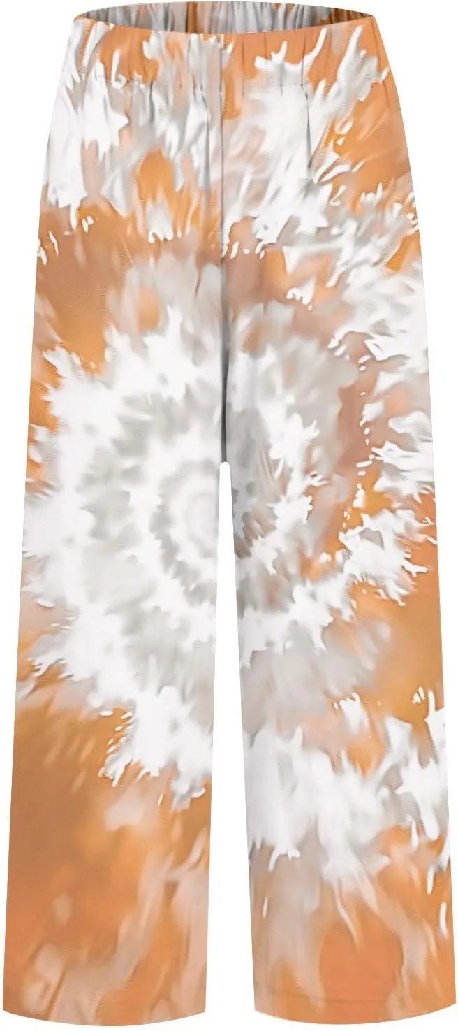 Women's Linen Pants Casual Boho Floral Elastic High Waisted Wide Leg Plus Size Trousers Summer Trendy Beach Pants