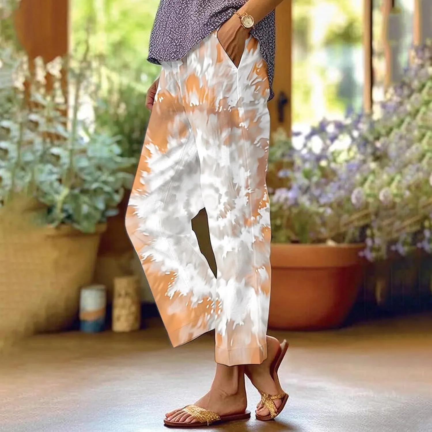 Women's Linen Pants Casual Boho Floral Elastic High Waisted Wide Leg Plus Size Trousers Summer Trendy Beach Pants