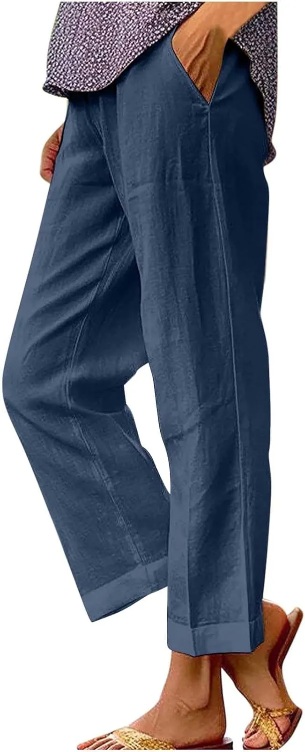 Womens Linen Pants Palazzo Wide Leg Slacks Loose Comfy High Waisted Cotton Linen Pants 2025 Summer Casual Trousers