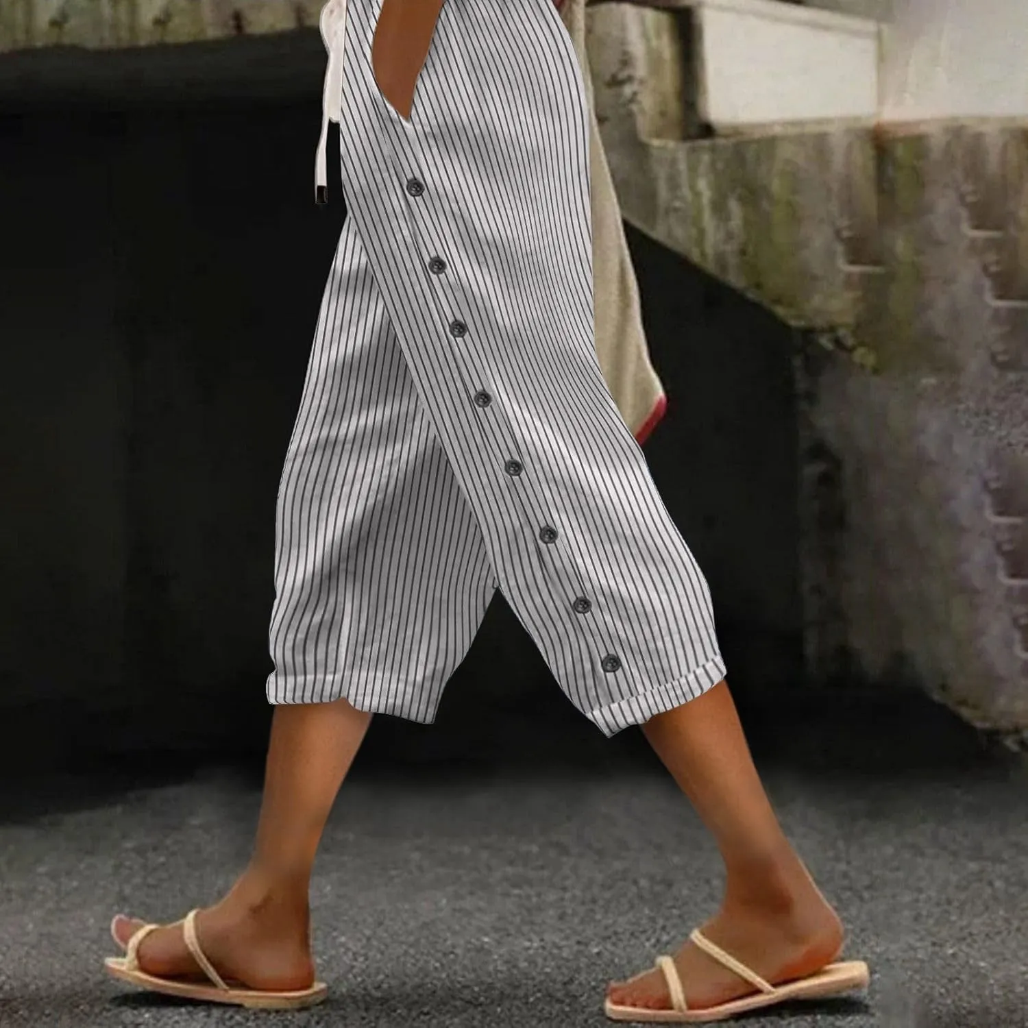 Womens Linen Pants Summer Casual Harem Pants Trendy Wide Leg Trousers Elastic Waist Loose Fit Palazzo with Pockets