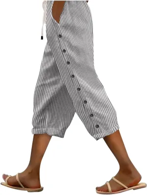 Womens Linen Pants Summer Casual Harem Pants Trendy Wide Leg Trousers Elastic Waist Loose Fit Palazzo with Pockets