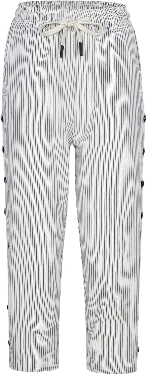Womens Linen Pants Summer Casual Harem Pants Trendy Wide Leg Trousers Elastic Waist Loose Fit Palazzo with Pockets