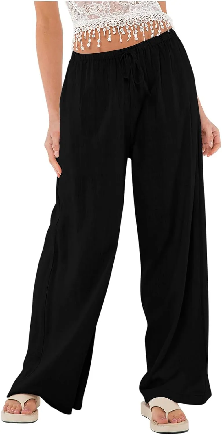 Womens Linen Pants Summer Wide Leg High Waist Flowy Palazzo Casual Loose Fit Lightweight Drawstring Beach Trousers