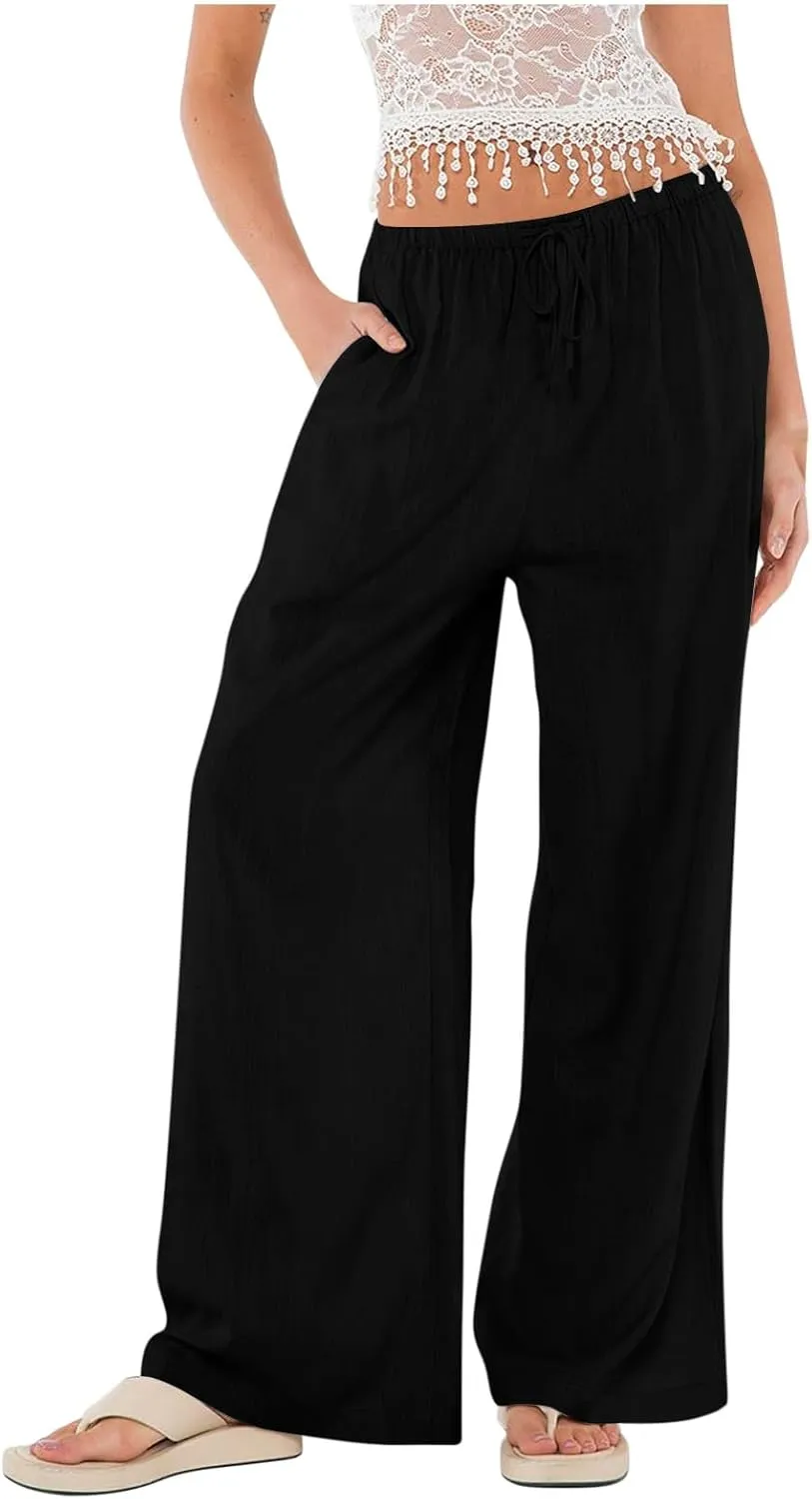 Womens Linen Pants Summer Wide Leg High Waist Flowy Palazzo Casual Loose Fit Lightweight Drawstring Beach Trousers