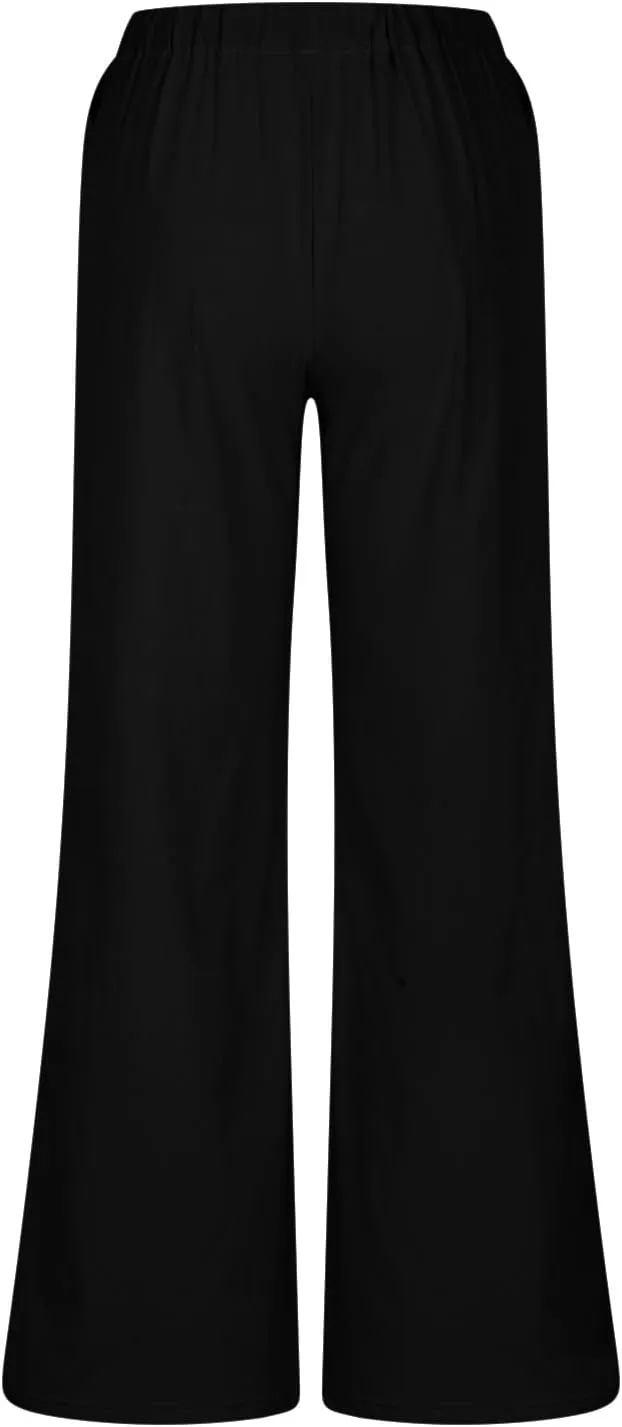 Womens Linen Pants Summer Wide Leg High Waist Flowy Palazzo Casual Loose Fit Lightweight Drawstring Beach Trousers