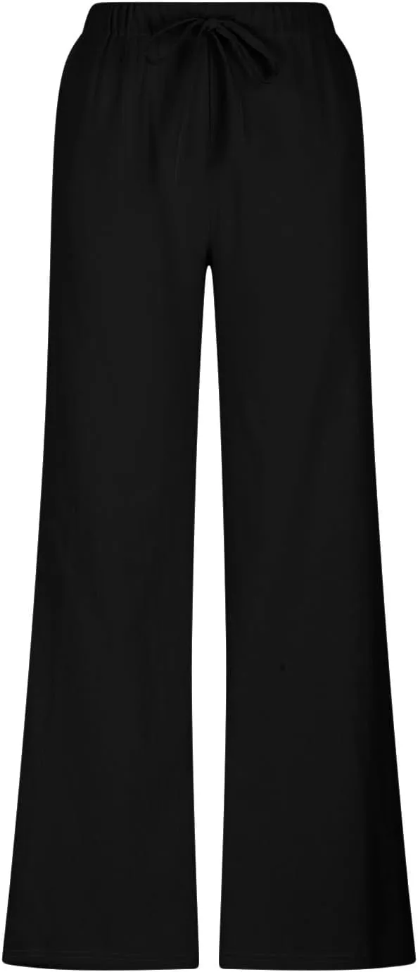 Womens Linen Pants Summer Wide Leg High Waist Flowy Palazzo Casual Loose Fit Lightweight Drawstring Beach Trousers