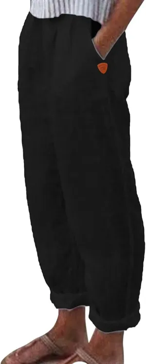 Women's Linen Summer Floral Pant Trousers Elastic Waist Wide Leg Slim-Fit Palazzo Pants Work Business