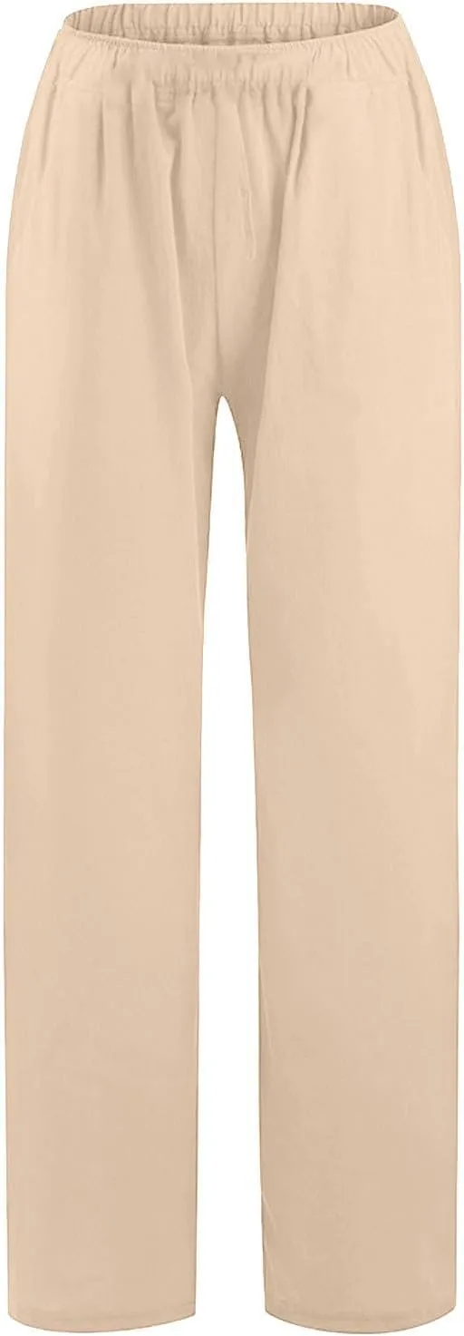 Womens Linen Trousers,Summer Boho Palazzo Pants Wide Leg High Waisted Drawstring Loose Lounge Long Pant with Pockets
