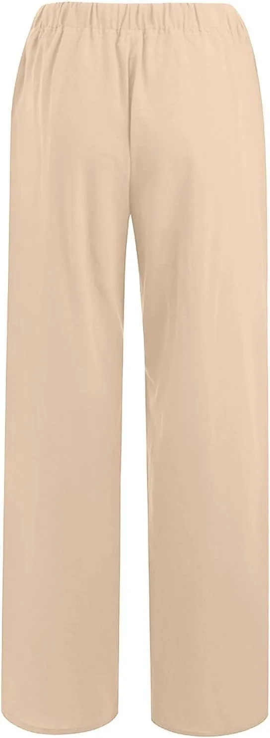 Womens Linen Trousers,Summer Boho Palazzo Pants Wide Leg High Waisted Drawstring Loose Lounge Long Pant with Pockets