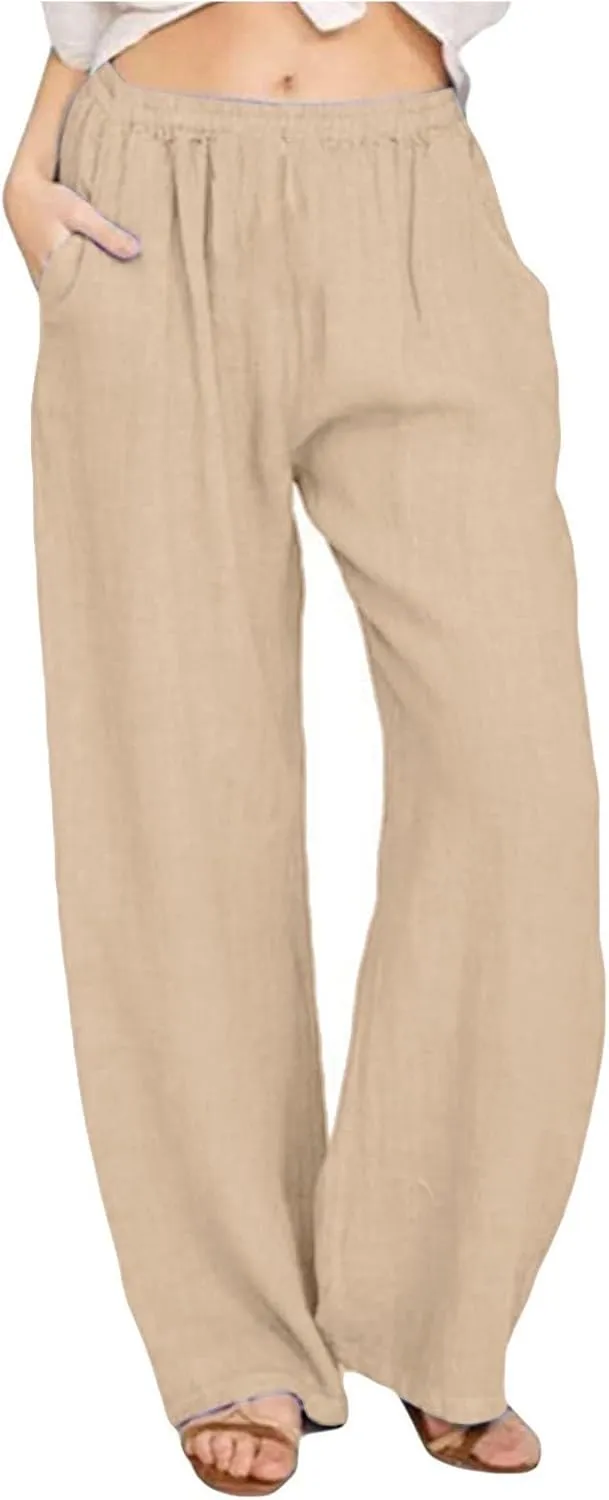 Womens Linen Trousers,Summer Boho Palazzo Pants Wide Leg High Waisted Drawstring Loose Lounge Long Pant with Pockets