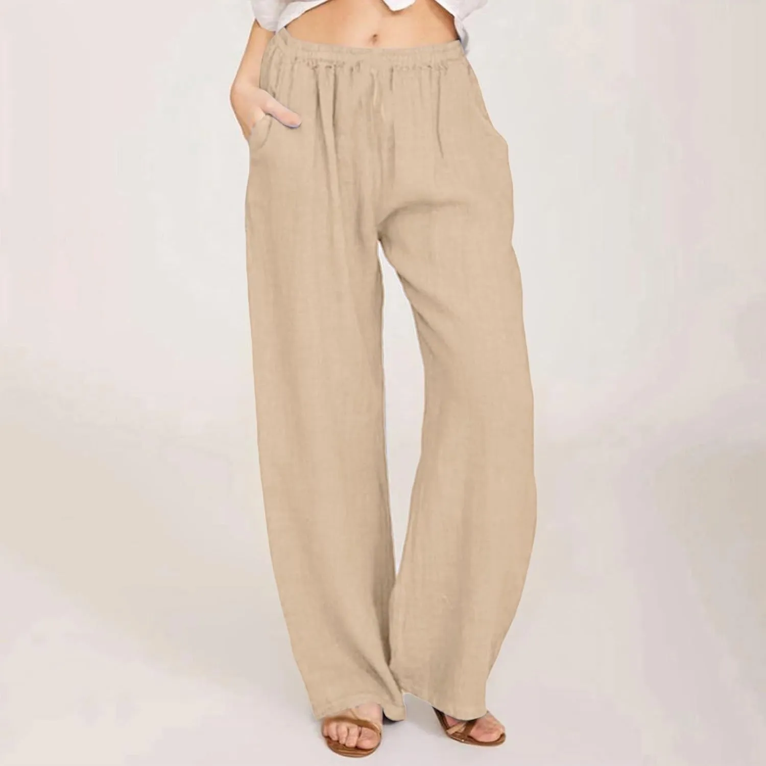 Womens Linen Trousers,Summer Boho Palazzo Pants Wide Leg High Waisted Drawstring Loose Lounge Long Pant with Pockets