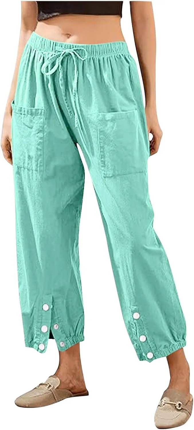 Womens Linen Wide Leg Pants 2025 Summer Trendy Loose Fit Palazzo Pants Elastic Waisted Button Slit Trousers
