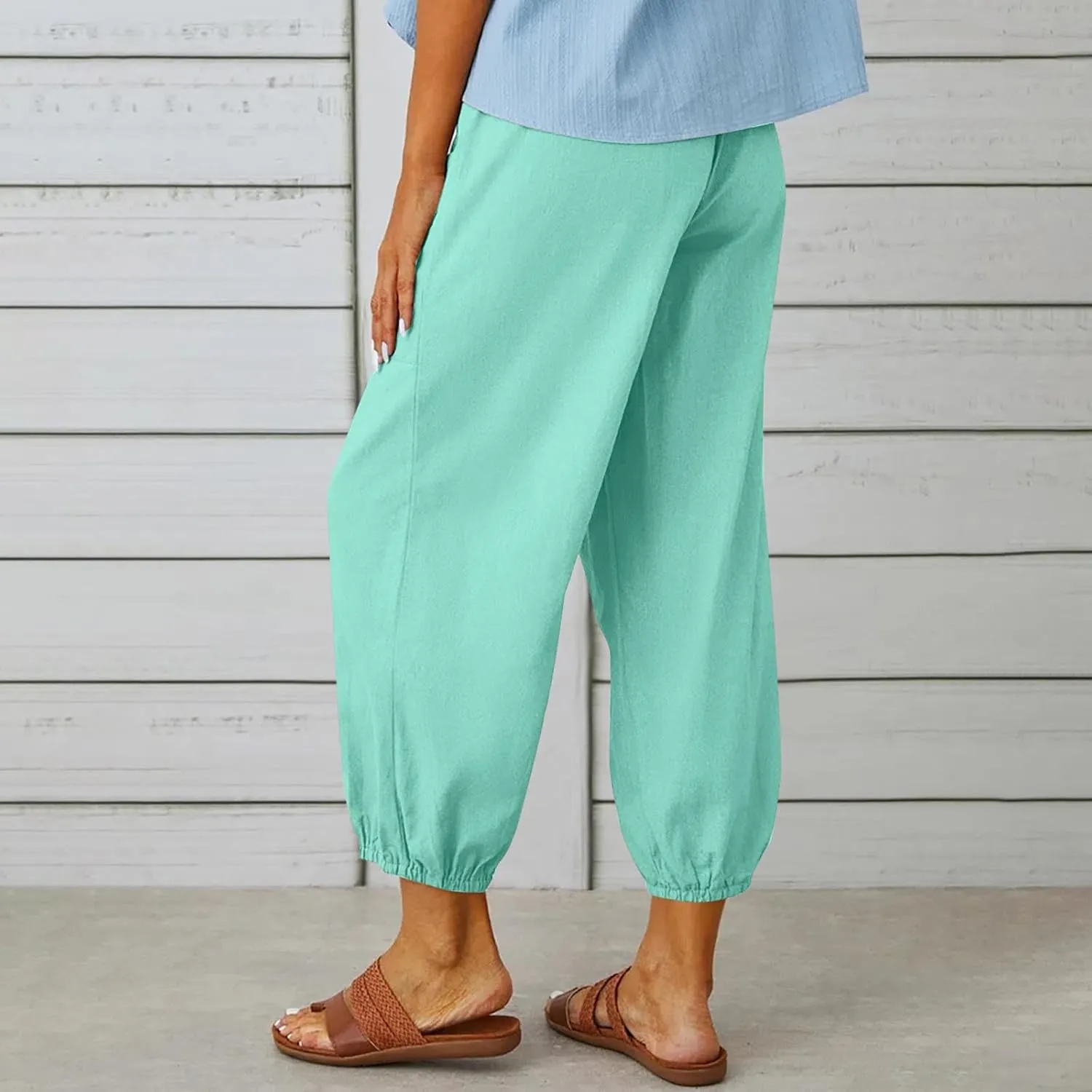 Womens Linen Wide Leg Pants 2025 Summer Trendy Loose Fit Palazzo Pants Elastic Waisted Button Slit Trousers