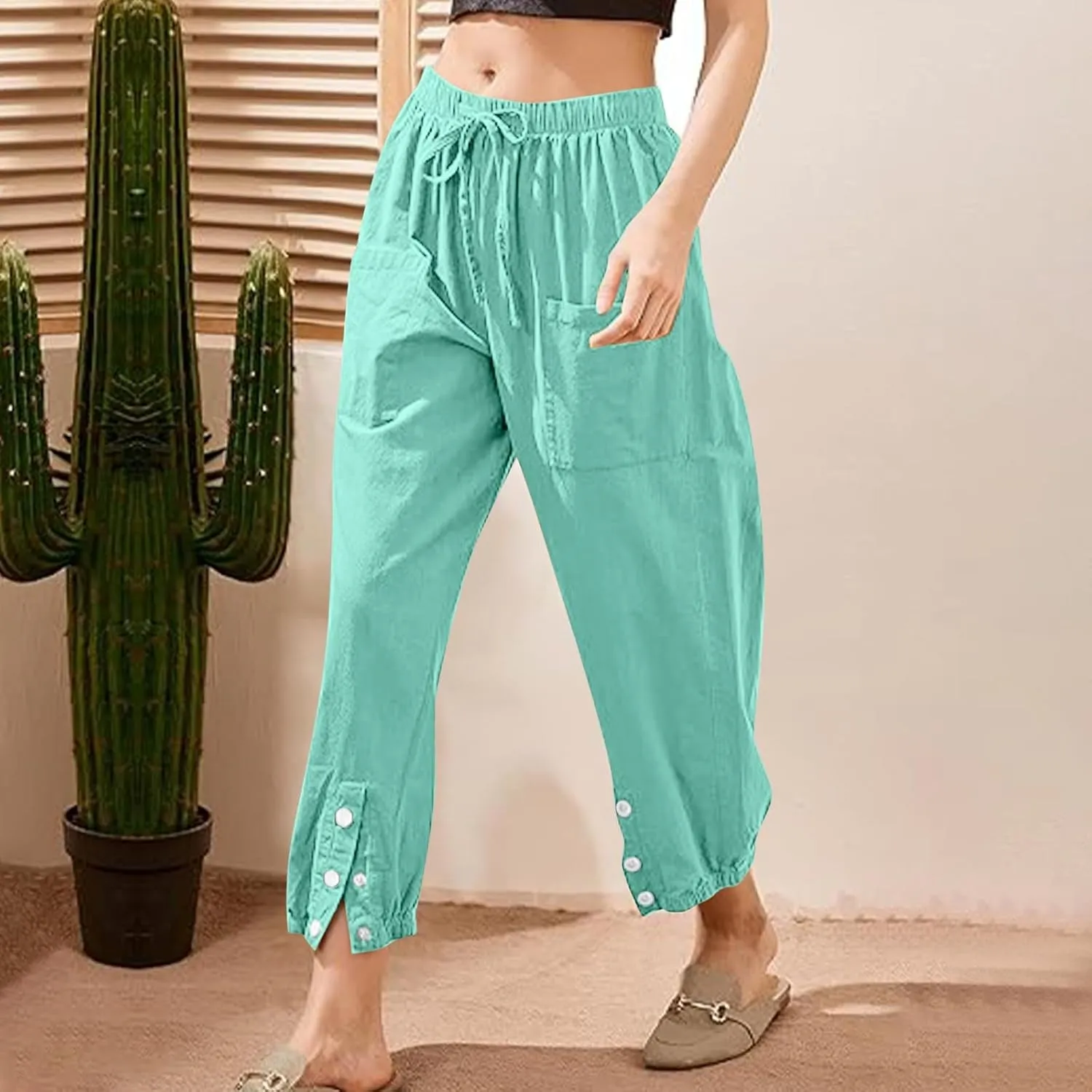 Womens Linen Wide Leg Pants 2025 Summer Trendy Loose Fit Palazzo Pants Elastic Waisted Button Slit Trousers