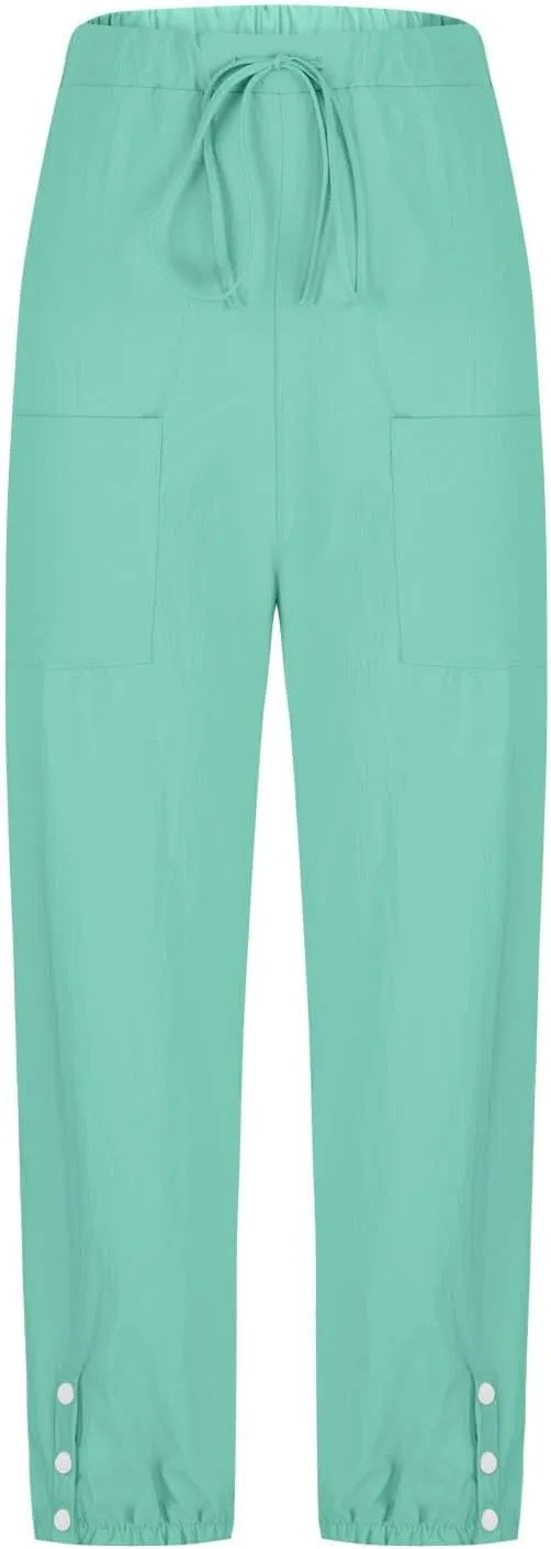 Womens Linen Wide Leg Pants 2025 Summer Trendy Loose Fit Palazzo Pants Elastic Waisted Button Slit Trousers