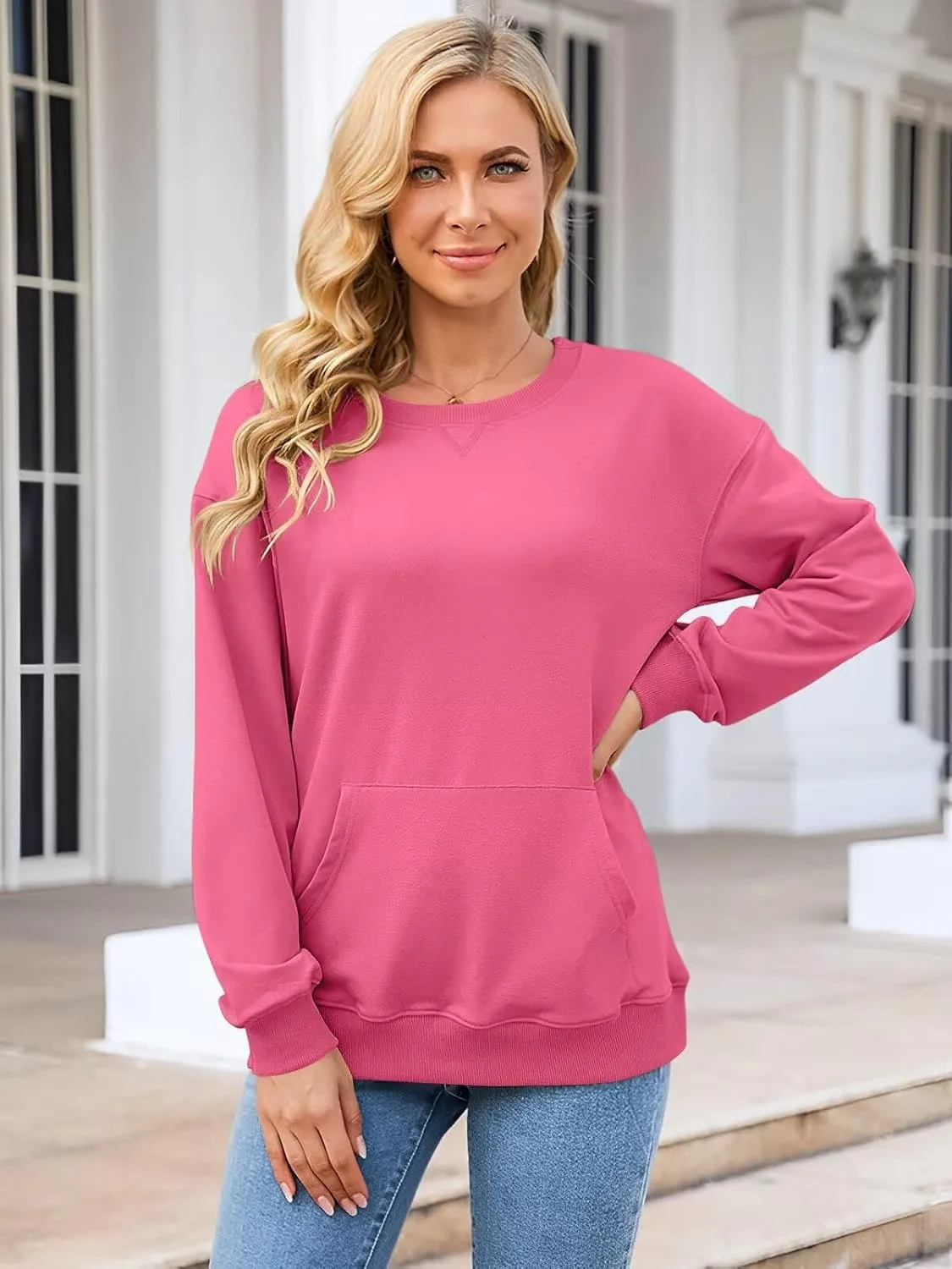 Womens Long Sleeve Sweatshirts Casual Crewneck Cute Pullover Tops Lightweight Sweatshirt with Pocket 2025