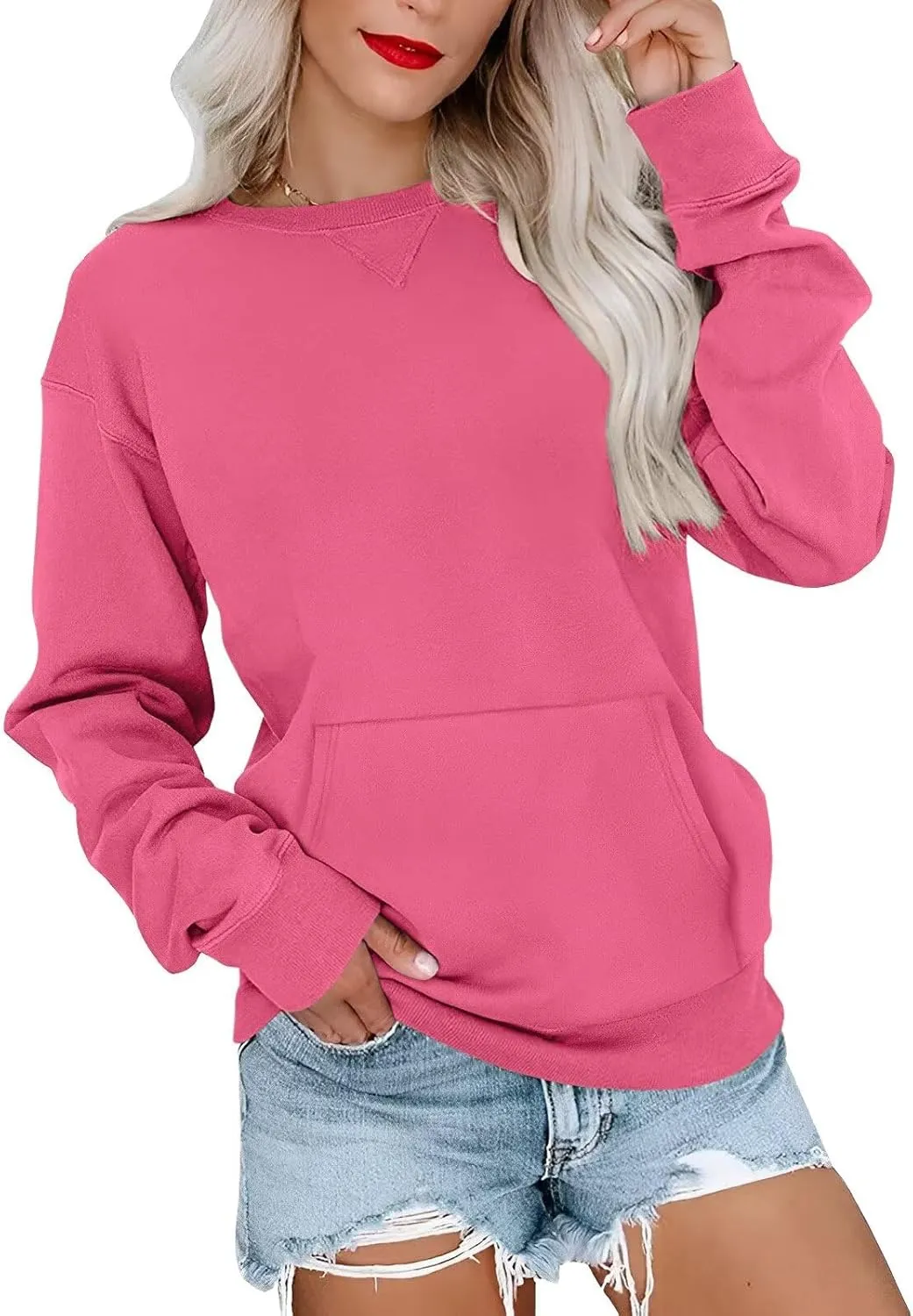 Womens Long Sleeve Sweatshirts Casual Crewneck Cute Pullover Tops Lightweight Sweatshirt with Pocket 2025