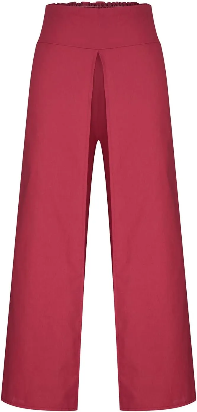 Womens Palazzo Pants 2025 Summer Fashion Comfy High Waist Double Layer Slacks Baggy Flowy Split Hem Wide Leg Pants