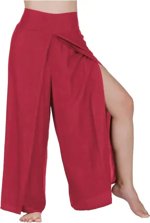Womens Palazzo Pants 2025 Summer Fashion Comfy High Waist Double Layer Slacks Baggy Flowy Split Hem Wide Leg Pants