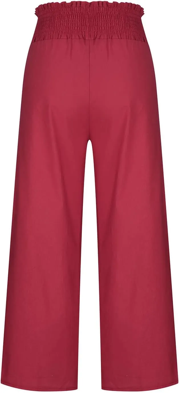 Womens Palazzo Pants 2025 Summer Fashion Comfy High Waist Double Layer Slacks Baggy Flowy Split Hem Wide Leg Pants
