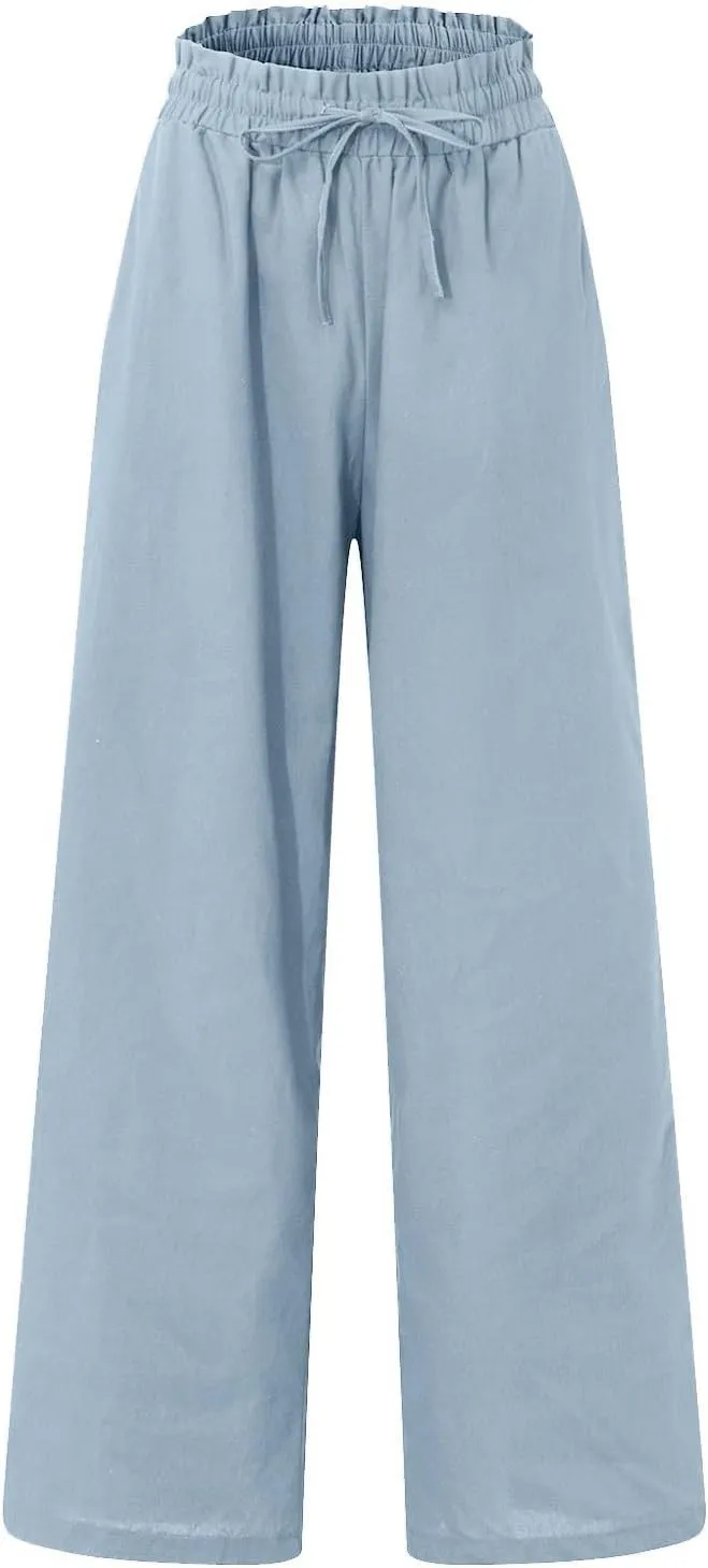 Women's Pants, Cotton Linen High Waisted Straight Leg Pants Wide Baggy Sweatpants